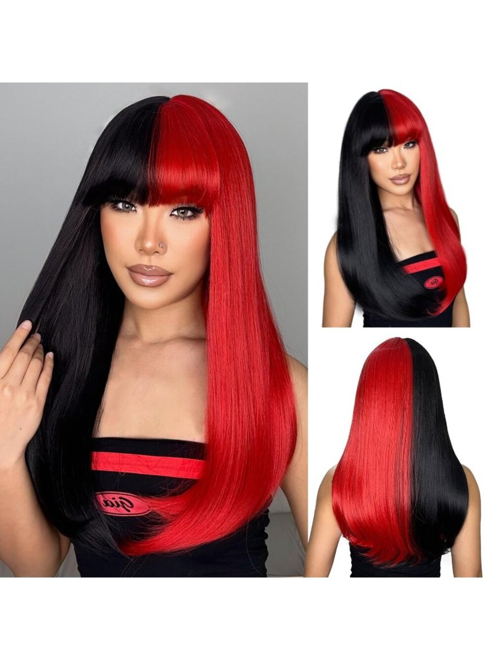 Women's Red Black 22 Inch Heat Resistant Synthetic Long Straight Wigs Bangs